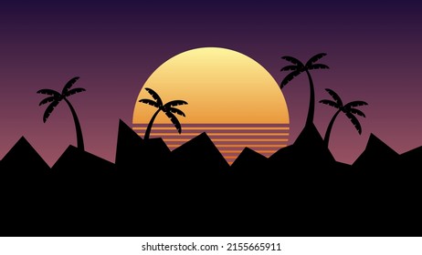 Vector illustration of sunset with palm tree silhouette.