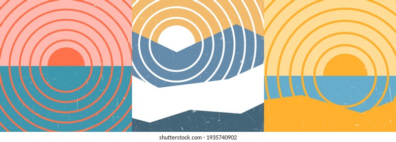 Ilustración vectorial. Escena del atardecer. Luces surrealistas. Moderno a mediados de siglo. Gráfica retro funky de los años 20. Panorama paisajístico. Forma abstracta. Escena de la naturaleza. Elementos de diseño para el fondo de los medios sociales, plantilla web