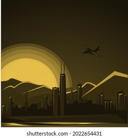 Vektorgrafik der Sunset-Landschaft in einer modernen Stadt.