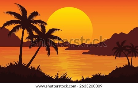 Vector illustration of Sunset Scenery on a Tropical Beach with Silhouettes of Coconut Trees, Mountains and Bright Orange Ocean background
