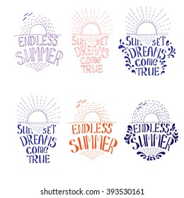 Vector illustration of sunset with sea and sign ENDLESS SUMMER and SUNSET DREAMS COME TRUE. White background with waves in the sea and birds in the sky.
