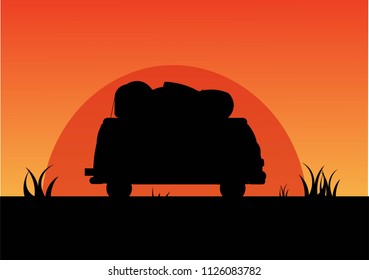 Vector illustration sunset silhouette bus auto car travel tourism road black