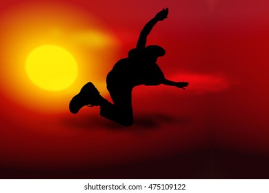 Vector illustration sunset with silhouette of man jump