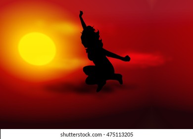 Vector illustration sunset with silhouette of woman jump