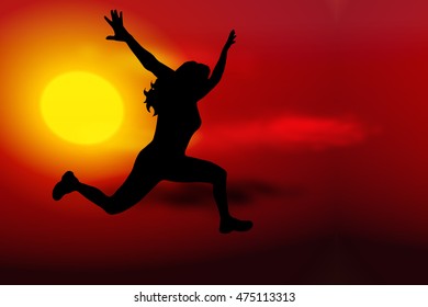 Vector illustration sunset with silhouette of woman jump