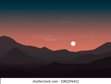 vector illustration of sunset sky, clouds and mountain landscape 