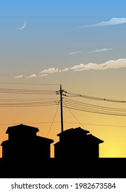 Vector illustration of sunset sky and house silhouette