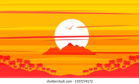 vector illustration of sunset sky over ocean coast and palm trees