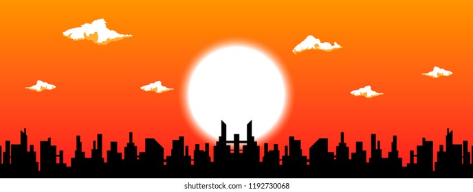 vector illustration of sunset sky over city silhouette, buildings and towers