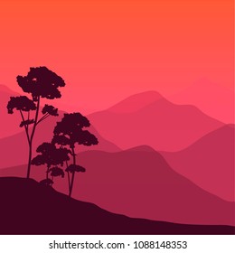 vector illustration of sunset sky and trees silhouette with mountains at the background