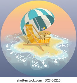Vector illustration of a sunset. Summer, beach chair, umbrella, glasses, cocktail starfish.