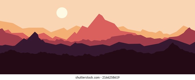 Vector illustration. Sunset or sunrise. Mountains with hills. Flat style landscape. 