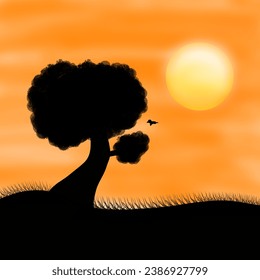 Vector illustration of sunset or sunrise and tree backround view of orange sky