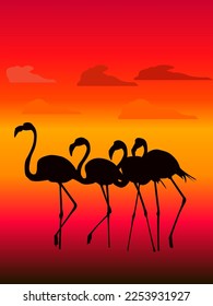 vector illustration in sunset tones depicting the silhouettes of a flock of flamingos for printing on cards, covers, banners and other illustrations