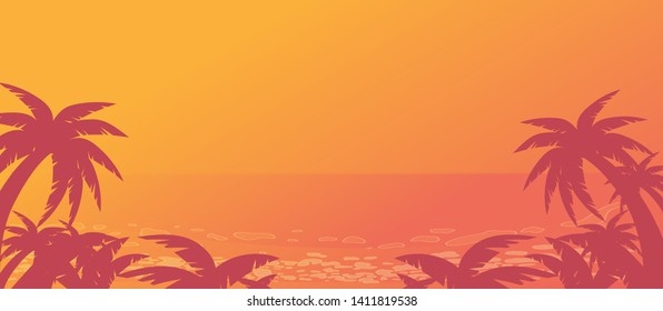 vector illustration of sunset tropical beach with palms