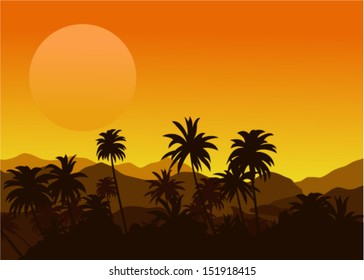 Vector illustration of sunset in the tropical hills with silhouettes of palm trees