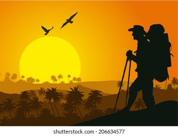 Vector illustration of sunset in the tropical mountains with silhouette of tourist