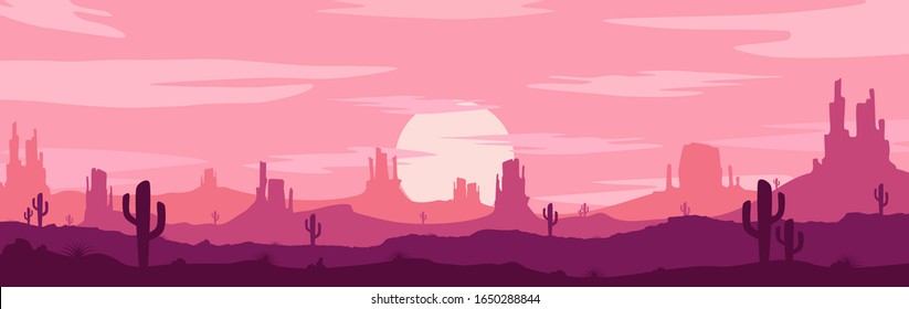 Dibujo vectorial de la puesta de sol y la vista panorámica del desierto con montañas y cactus - estilo de caricatura plano.