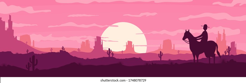 Vector illustration of sunset and twilight desert panoramic view with mountains and cactus - flat cartoon style