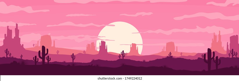 Vector illustration of sunset and twilight desert panoramic view with mountains and cactus - flat cartoon style