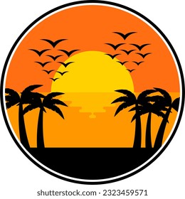 vector illustration of a sunset view on the beach, in the shape of a circle