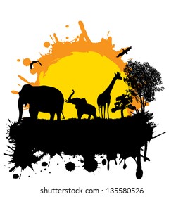 Vector illustration of sunset in wild africa. Elephants and giraffe on grunge background