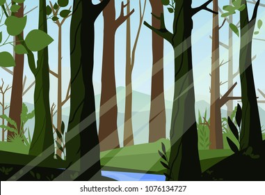 Vector illustration of sunset in the woods, beautiful forest, light through the trees in the forest, morning time, nature landscape in flat style.