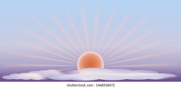 Vector illustration of sun,sky and clouds.Sunrise.Horizontal background for card,banner,website design.