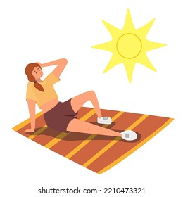 Vector illustration of sunstroke. Cartoon scene with a girl who got sunstroke and is resting on bedspread or sunbathing.