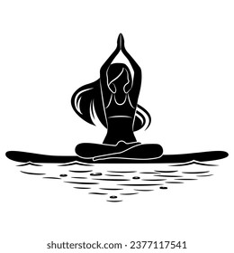 Vector illustration of SUP surfing with young woman practicing asanas on a supboard