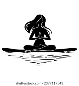 Vector illustration of SUP surfing with young woman practicing asanas on a supboard