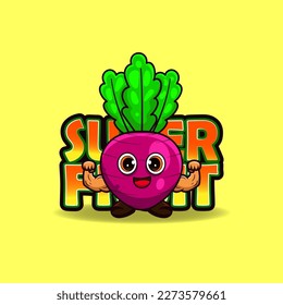 Vector illustration of super beetroot mascot. Fruit cartoons. Mascot muscles.