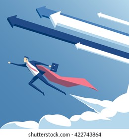 vector illustration super businessman and super employee flying in the sky with arrows and clouds, business concept the success, growth and determination