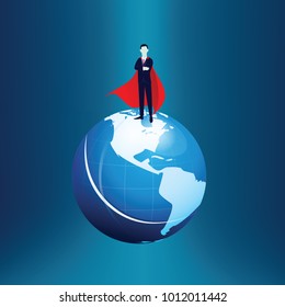 Vector illustration of super businessman on top of the world