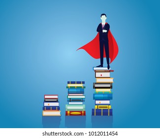 Vector illustration of super businessman on top of knowledge books stack