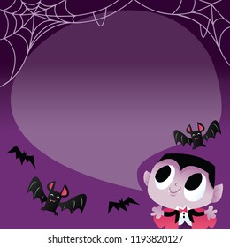 A vector illustration of a super cute halloween vampire with bats and spider web. There's also a speech bubble for copy space.