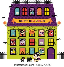 A vector illustration of super cute halloween monsters inside a big green and purple haunted house.