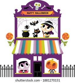 A vector illustration of super cute halloween monsters like witch, vampire and more inside a purple terrace house.