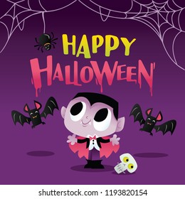 A vector illustration of a super cute happy halloween vampire with bats and spider web. 