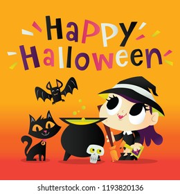 A vector illustration of a super cute witch holding a broom in front of a magic cauldron, black cat and a bat with fun happy halloween phrase. 