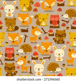 A Vector Illustration Of Super Cute Woodland Creatures Seamless Pattern Background. 