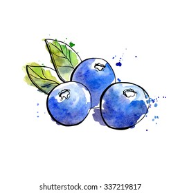 Vector illustration of super food Blueberry. Organic healthy dietary supplement. Black outlines and bright watercolor stains, splashes and drips.