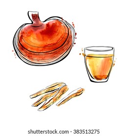 Vector illustration of super food Reishi or Lingzhi mushroom. Organic healthy dietary supplement. Black outlines and watercolor stains and drips. Isolated hand drawn objects on white background.