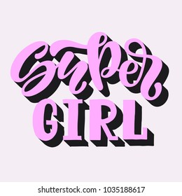 Vector illustration of Super Girl text for clothes. Kids badge tag icon. Inspirational quote card invitation banner. Feminine calligraphy background. Celebration lettering typography poster. 3D design