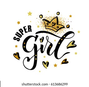 Ilustração vetorial de texto Super Girl para roupas. Ícone da etiqueta de crachá infantil. Banner de convite de cartão de citação inspirador. Caligrafia feminina. Celebração tipografia cartaz.EPS 10