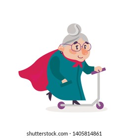 Vector illustration super grandmother.  Granny on a scooter.