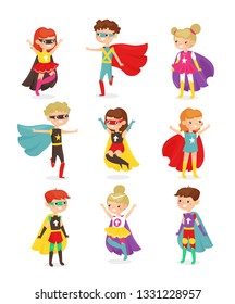 Vector illustration of super hero children. Kids in superhero costumes, super powers, kids dressed in masks. Collection of happy smiling kids characters isolated on white background in flat cartoon