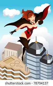 A vector illustration of a super hero flying above the city