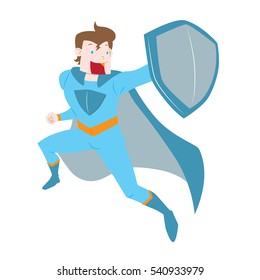 Vector illustration of super hero protecting with shield