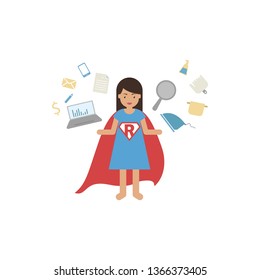 Vector illustration in super mom concept, many hands working with very busy business and housework part, feeding baby, cleaning house, cooking, doing washing, working with laptop